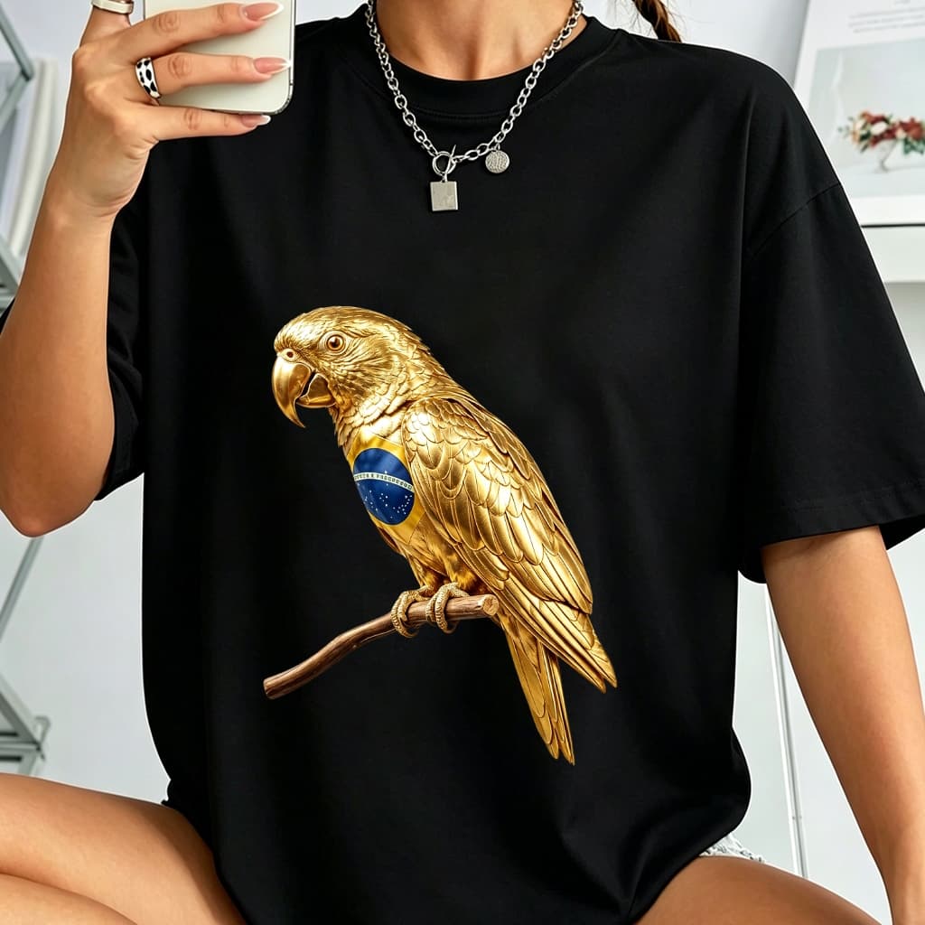 Camiseta Feminina 100% Algodão Estampa Arara Dourada Brasil Oversized Plus Size T-Shirt Gráfico