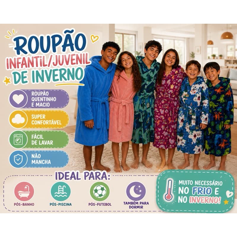 ROUPÃO INFANTIL. ROUPÃO DE BANHO. ROUPÃO DE INVERNO. PÓS PISCINA/NATAÇÃO.