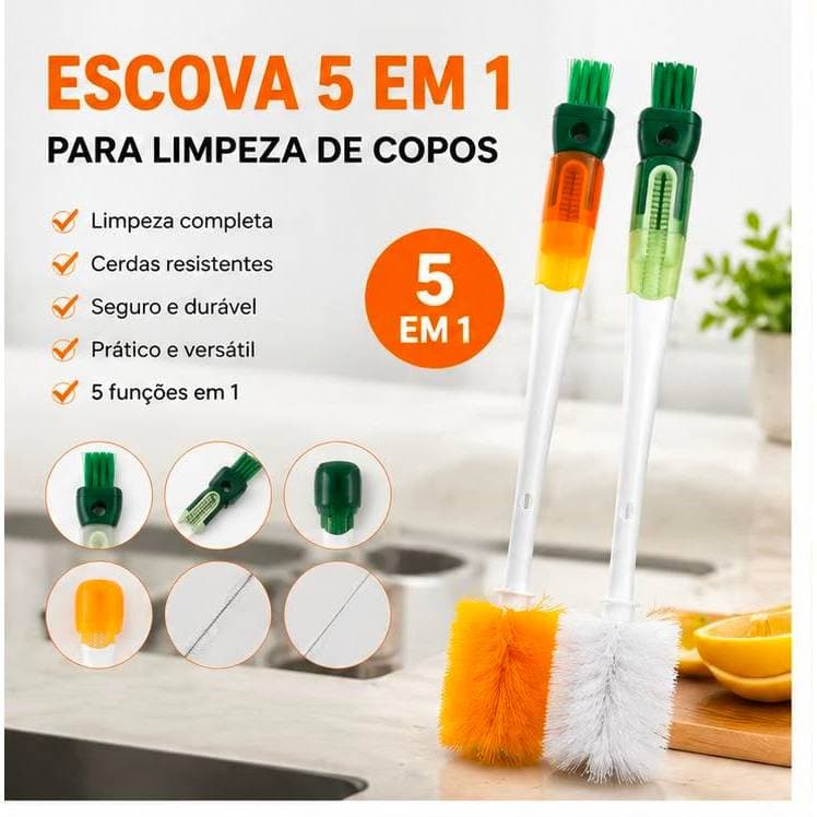 Escova de Limpeza 5 em 1 para Copos Garrafas Canudos Multifuncional Escova de Cozinha