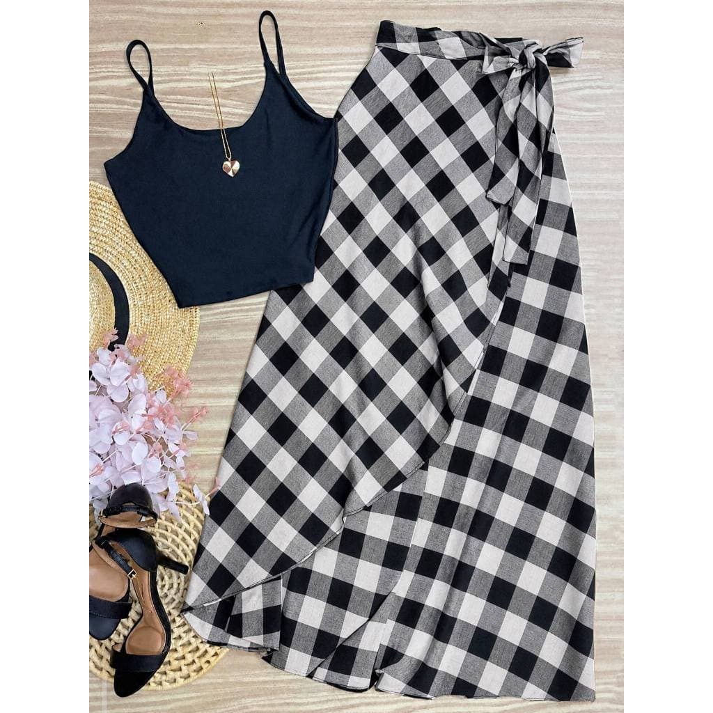 Saia Xadrez Plus Size Feminino Alfaiataria Envelope Envelopada Feminino Longa Estampada Floral Poa