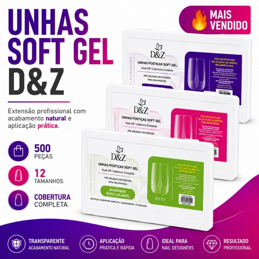 Unhas Postiças Soft Gel D&Z 500 Peças 12 Tamanhos Alongamento Nail Designer