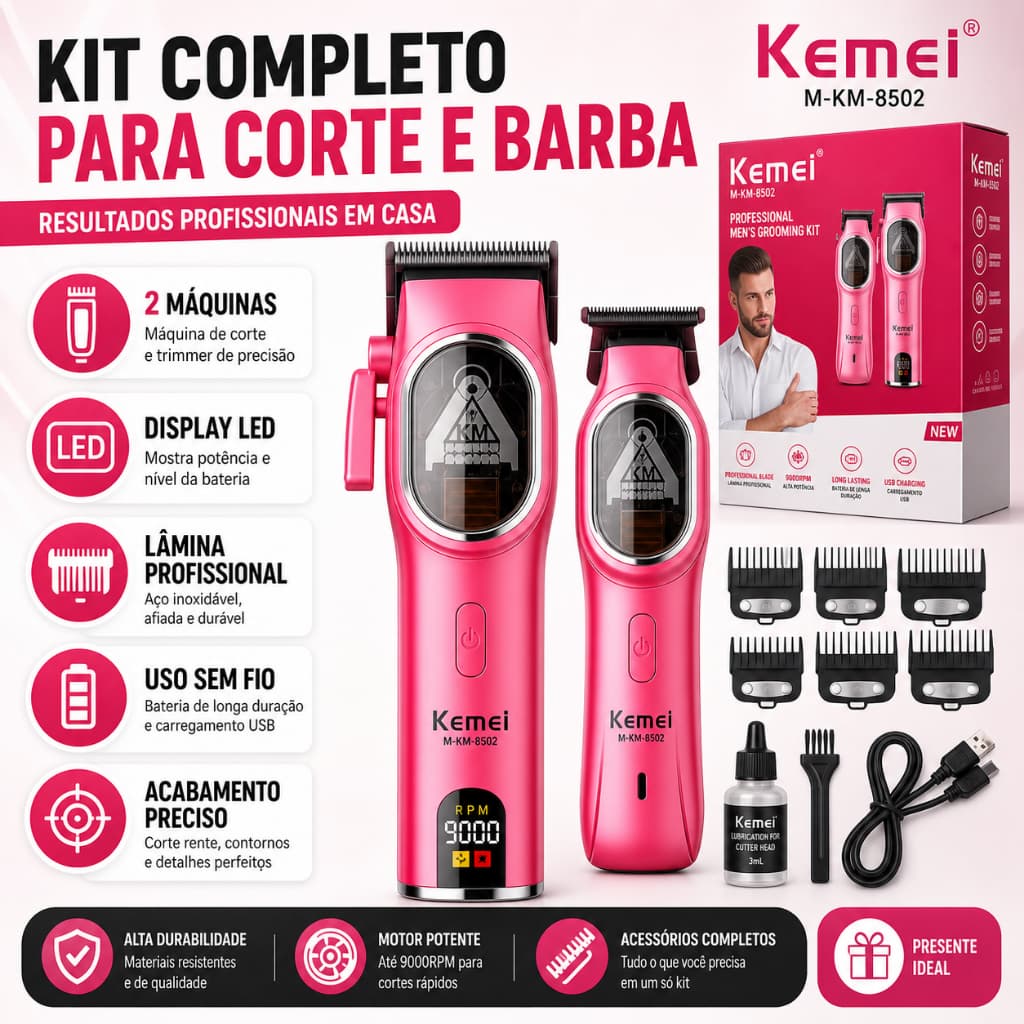 Kemei KM-8502 Máquina de Cortar Cabelo e Aparador Profissional Sem Fio Kit 2 em 1 USB