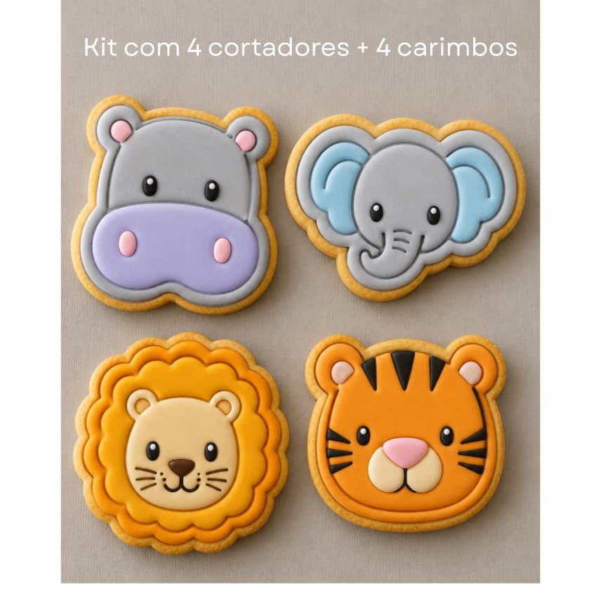 kit 4 cortador de biscoito com marcador, tema safari, para biscoito, pasta americana, massinha
