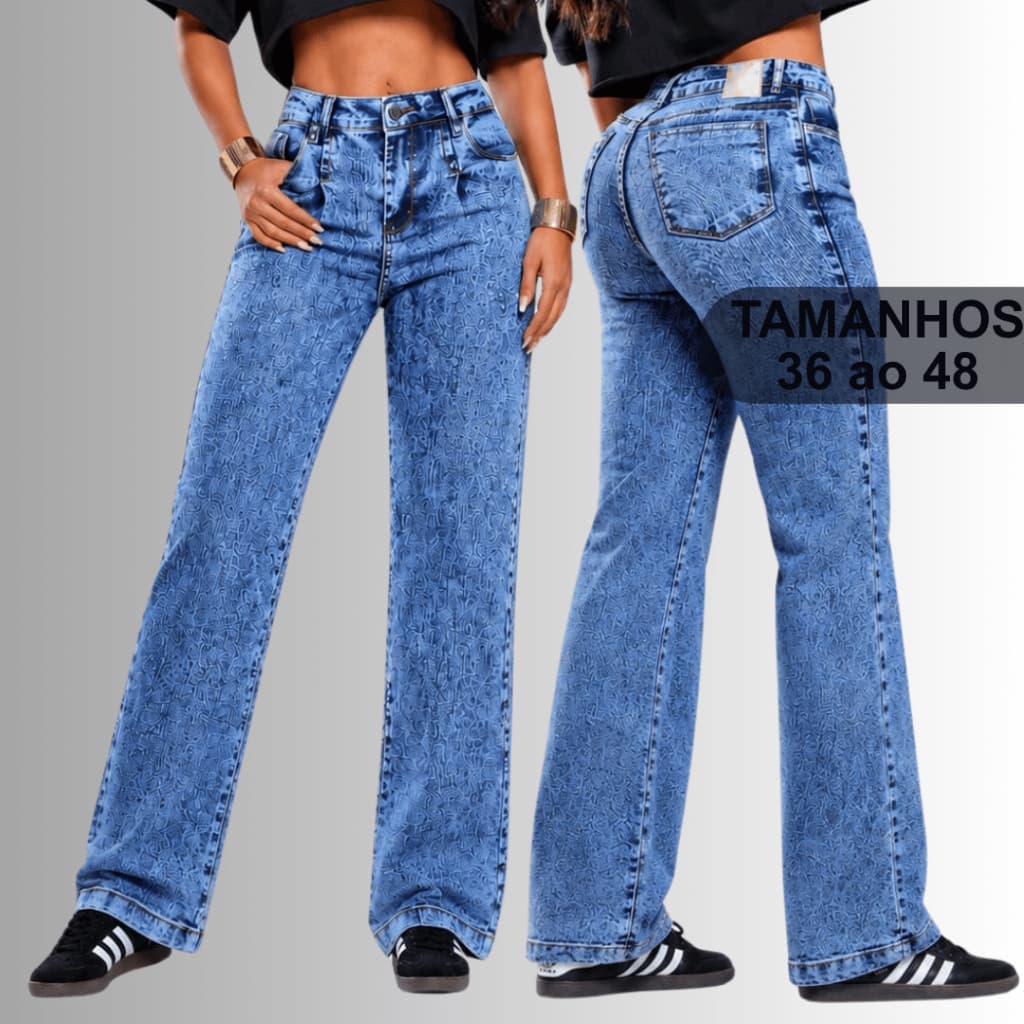 Calça Jeans Feminina Wide Leg Clintura Alta Marmorizado Elastano Moderna ELEGANTE