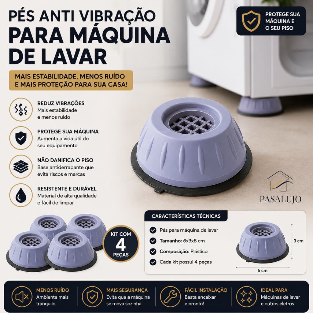 Kit 4, 8 ou 12 Suporte Pé Lava E Seca Secadora Geladeira Anti Vibração Fogão Máquina Lavar Frontal