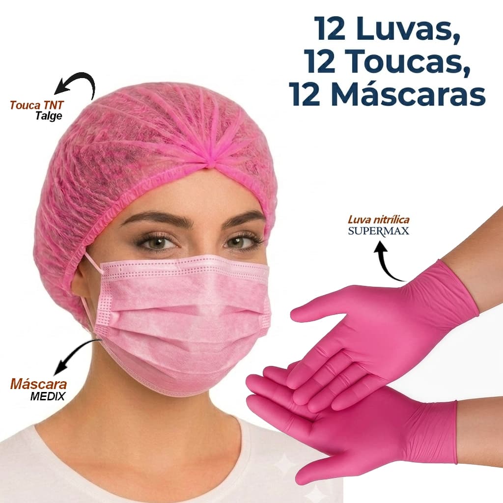 Kits 12 Luvas + Máscaras + Toucas Rosa Unidades de Cada Segurança Proteção Mãos Resistente