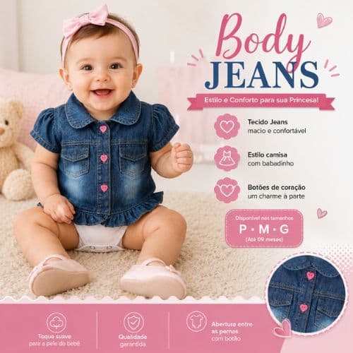 Body Jeans Infantil Feminino com Babado e Botões de Coração +1bb