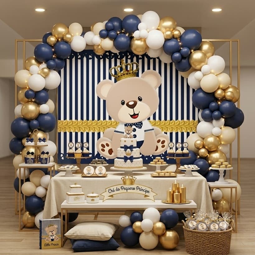 Painel de Festa Antirreflexo Decoração Urso Rei/Ursinho/chá de bebê