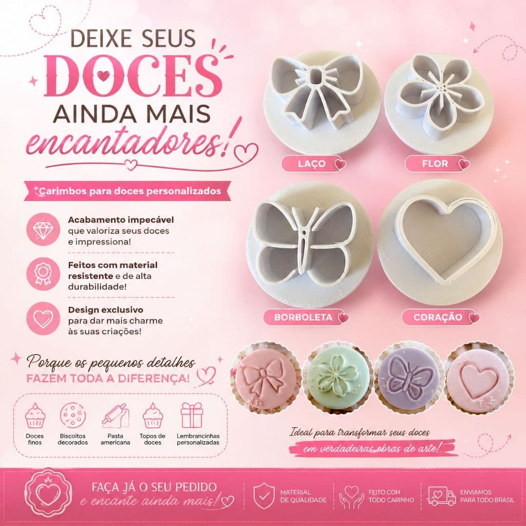 kit Quatro Carimbos, Carimbo Coração, Carimbo Borboleta, Carimbo Flor, Docinhos