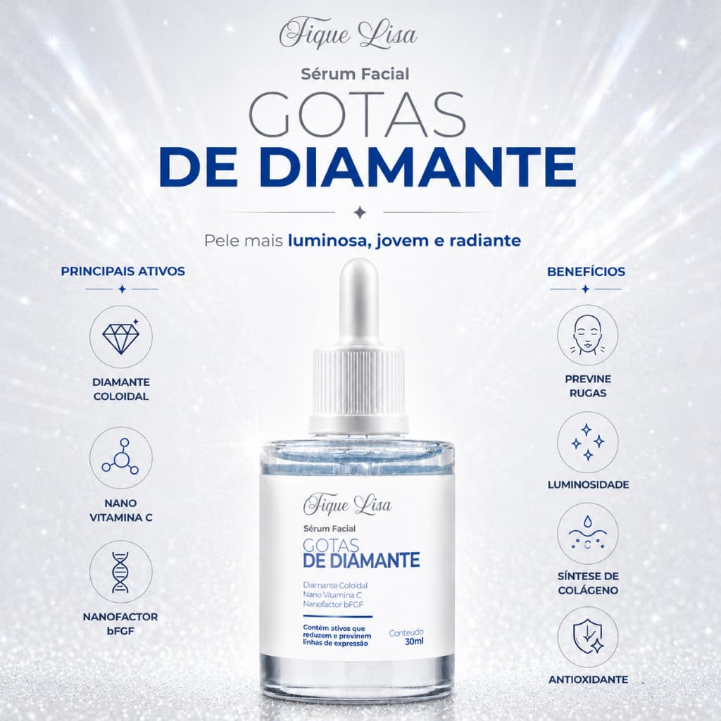 Serum Facial Gotas Diamante AntiIdade Rejuvenescedor Skincare Hidratante Antissinais Firmeza 30ml