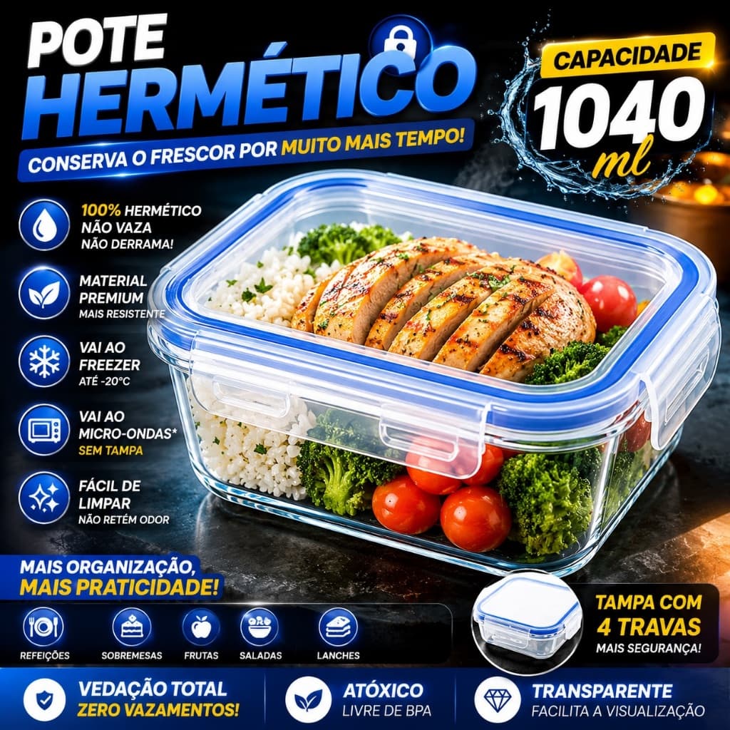Pote Hermético 1040ml Vidro Borossilicato Tampa Trava Vedação Forte BPA Free
