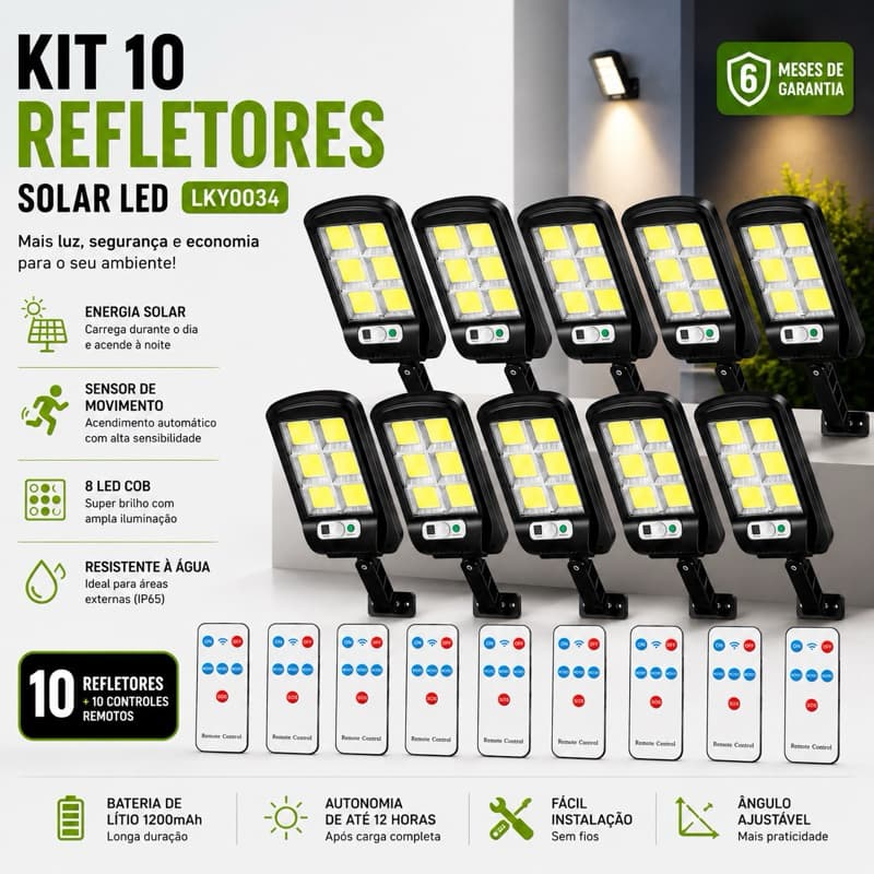 Kit 10 Refletores Solar LED Com Sensor de Presença Controle Remoto Iluminação Externa Sem Fio LKY0034