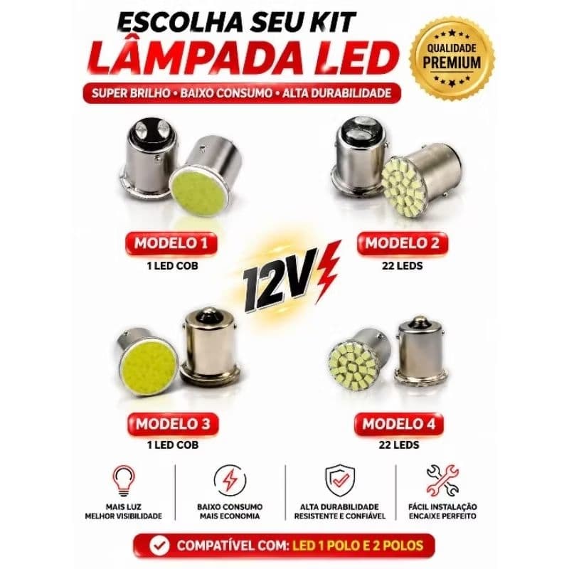 Par Lâmpada Led 1 Polo e 2 Polos Cob ou 22Led Luz de Ré Freio Meia Luz Placa e Seta Branco Frio 12V