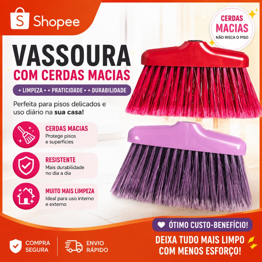 Kit 2 Vassouras Sem Cabo Cerdas Macias Não Risca o Piso Cores Sortidas