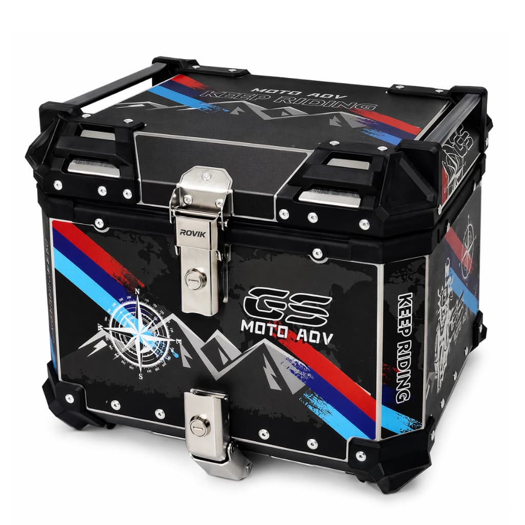 Baú Traseiro 45L Alumínio Moto Premium IP68 Dupla Trava com Encosto e Base Premium