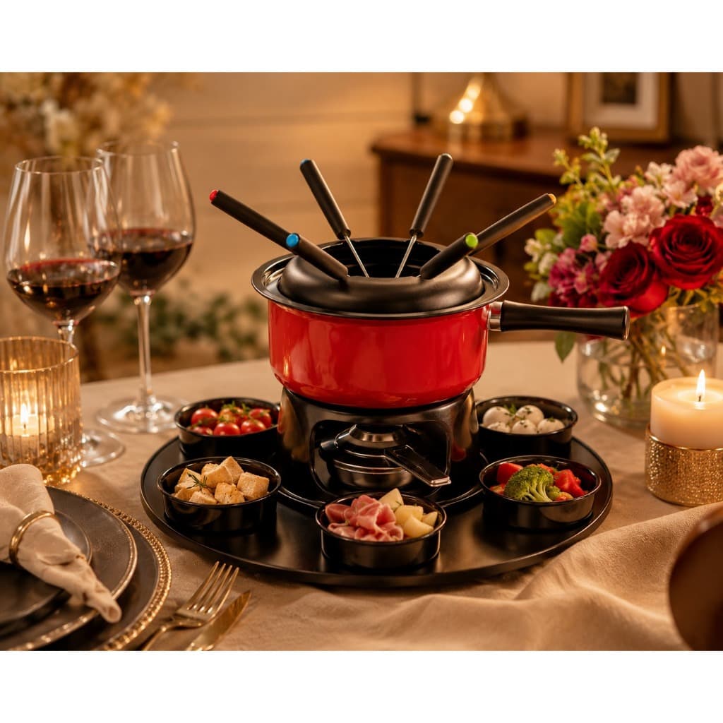 Aparelho De Fondue Lugano Carroussel 18 p Esmaltado 1,4 L Carne Queijo Chocolate Frutas Gramado Base Giratória Qualidade