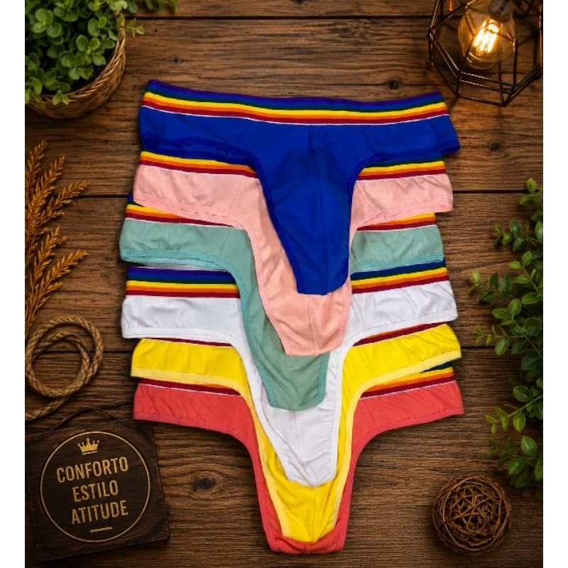 Kit 03 Cueca Fio Dental Arco Iris Cotton Cores Variadas Masculina Homem Cavad