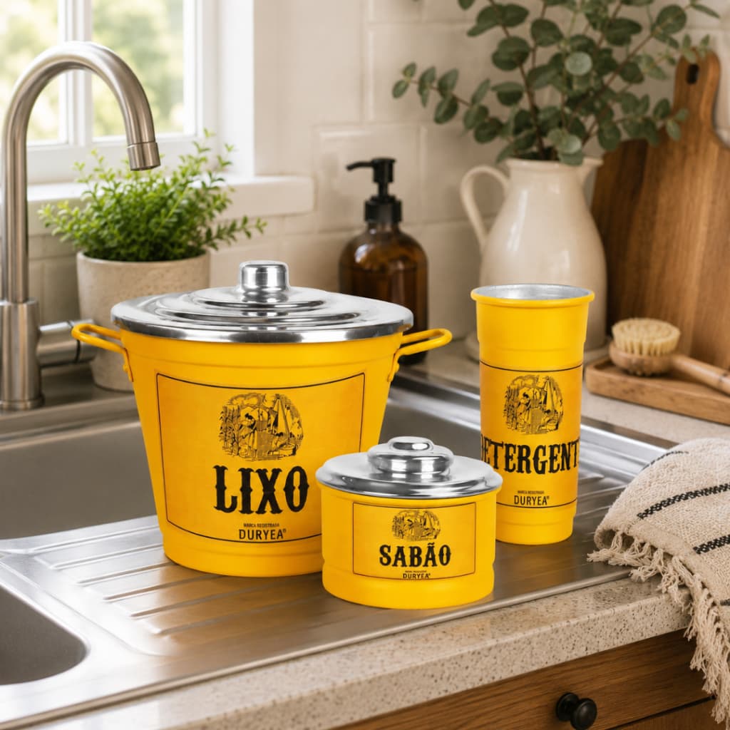 Kit Pia Cozinha 3 Peças Alumínio Decoupagem Amarelo Retro