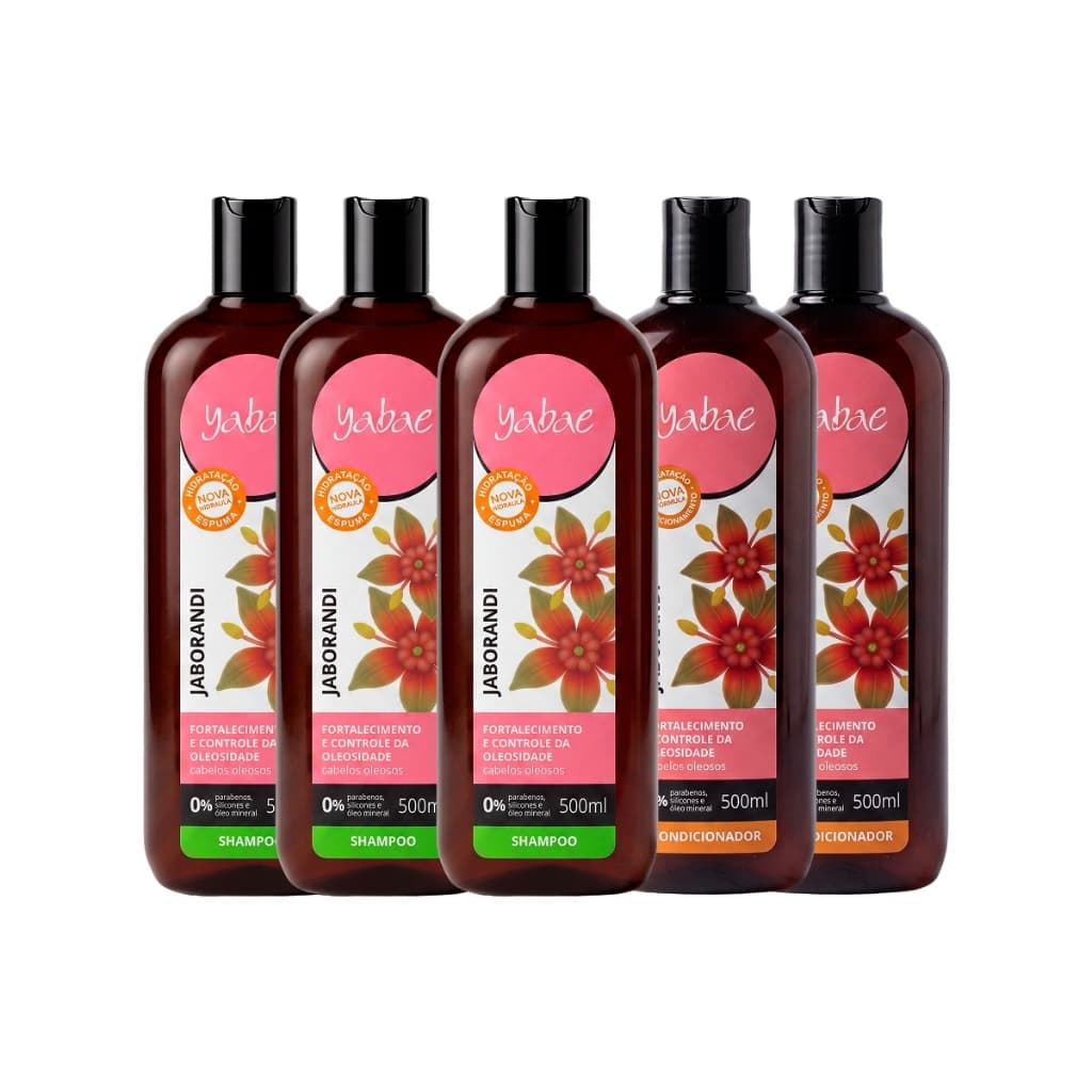 Shampoo e Condicionador Jaborandi - 3 Shampoos 500ml e 2 Condicionadores 500ml - Yabae