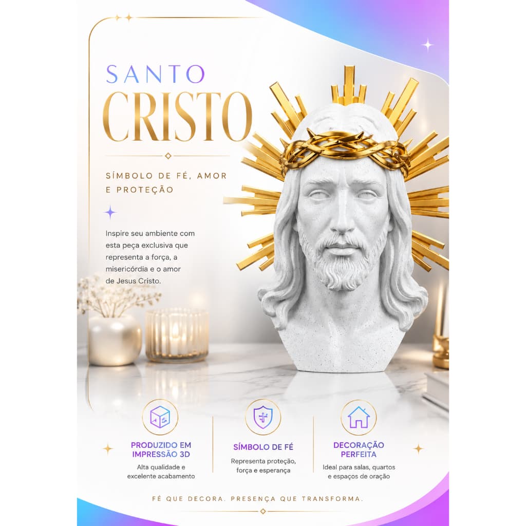 Santo Cristo Decorativo 3D Branco com Detalhes Dourados | Escultura Religiosa Cristã