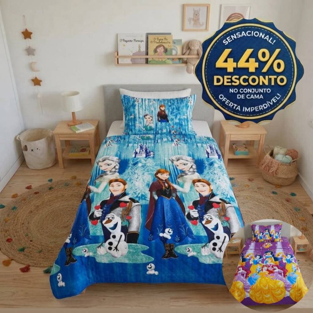 Kit Colcha Cobre Leito Infantil E Adulto 2 Peças Solteiro Dupla Face Liso e Estampado Frozen