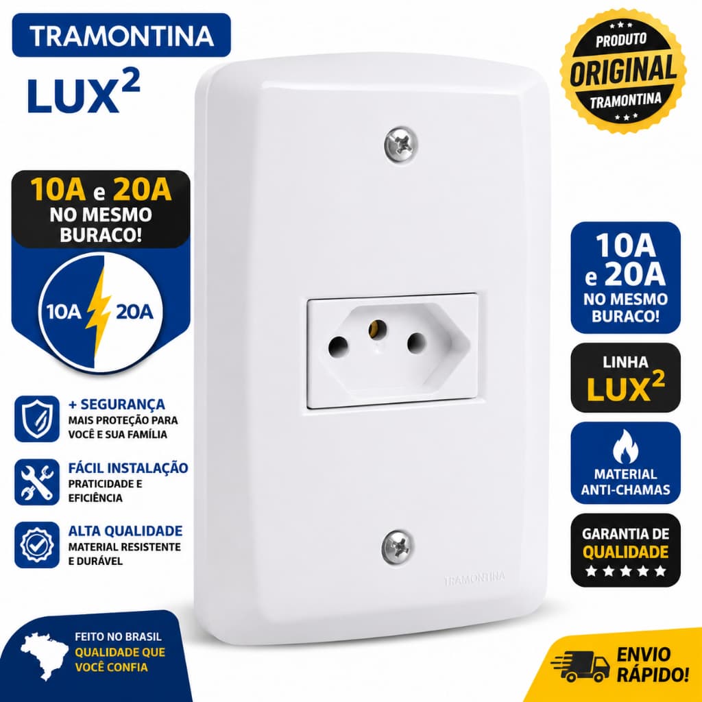 Kit 10 Tomadas De Parede Tramontina Lux2 Branca 10A e 20A No Mesmo Módulo Tomada Luxo Branco