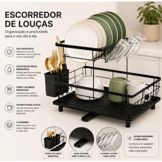 Escorredor de Louça Aço Carbono Preto com Porta Talheres e Copos para Pia ESC 06