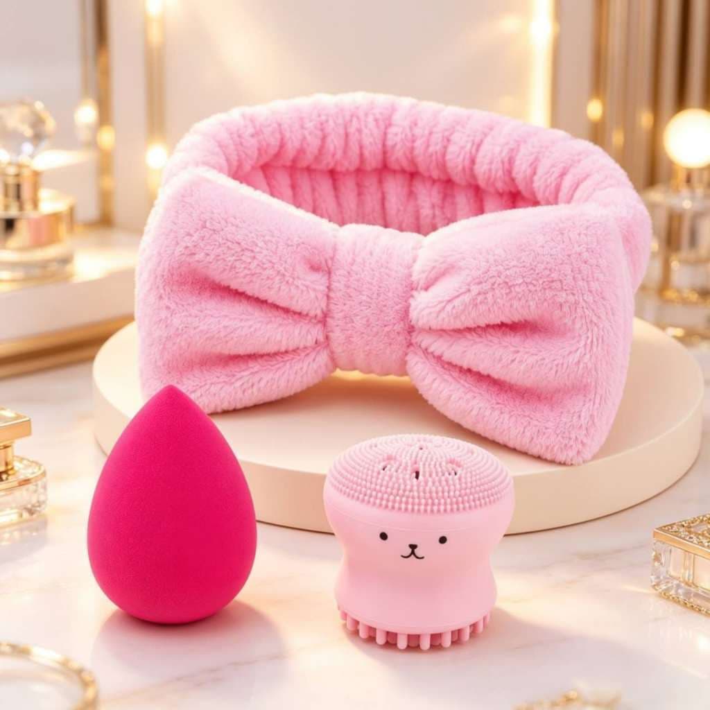 KIT Faixa para Cabelo com Laço + Esponjas para Skincare e Maquiagem —  Acessórios de Beleza
