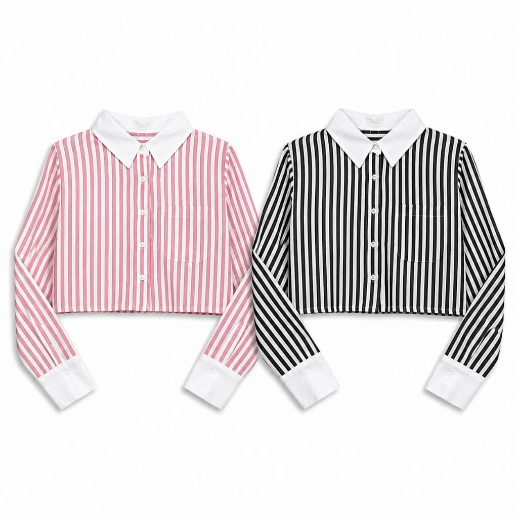 Camisa Cropped Feminina Manga Longa Listrada Em Crepe Gola Social Bolso Frontal Rosa Preto