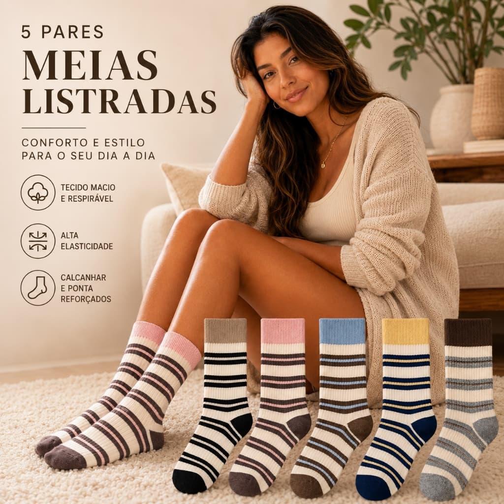 Kit 6 Pares Meia Feminina Cano Médio Listrada Algodão Casual