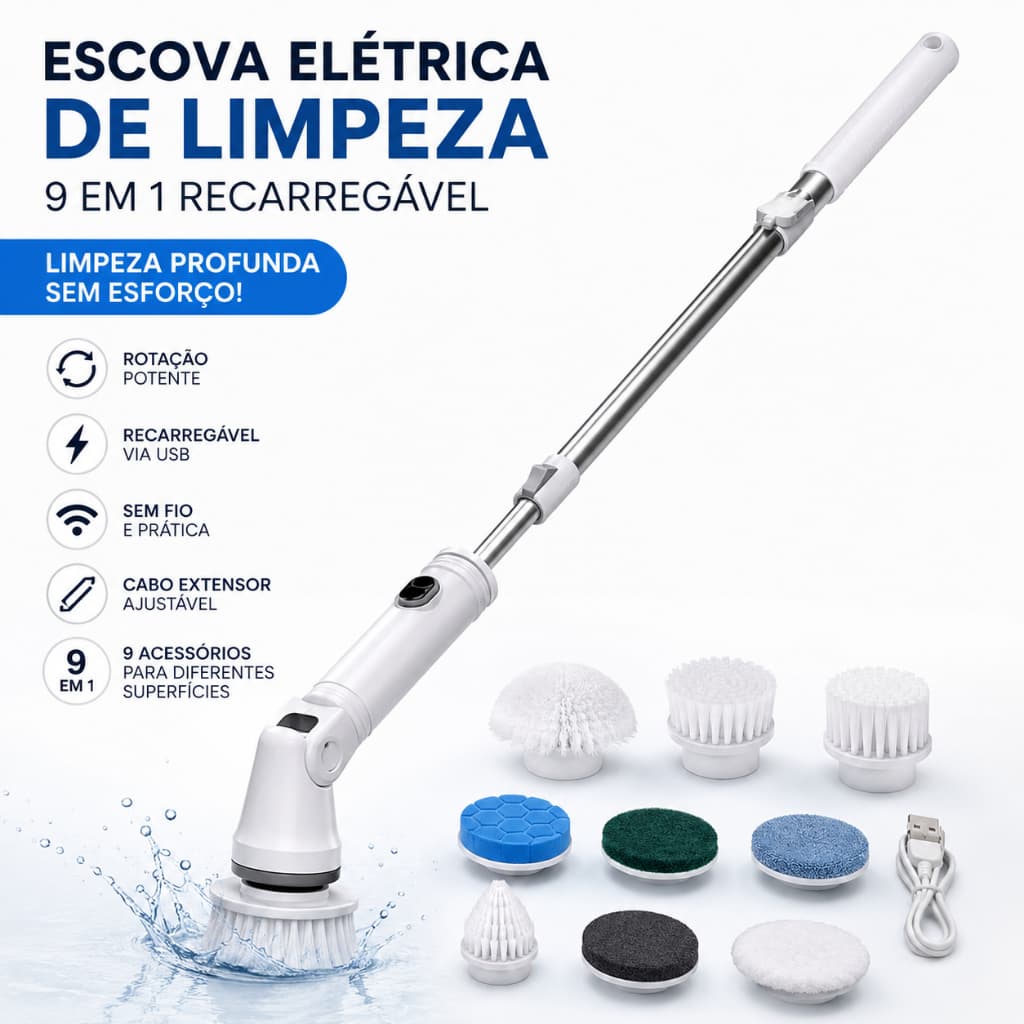 Escova Elétrica de Limpeza Recarregável Sem Fio Multiuso com Cabo Extensor e 2 Velocidades