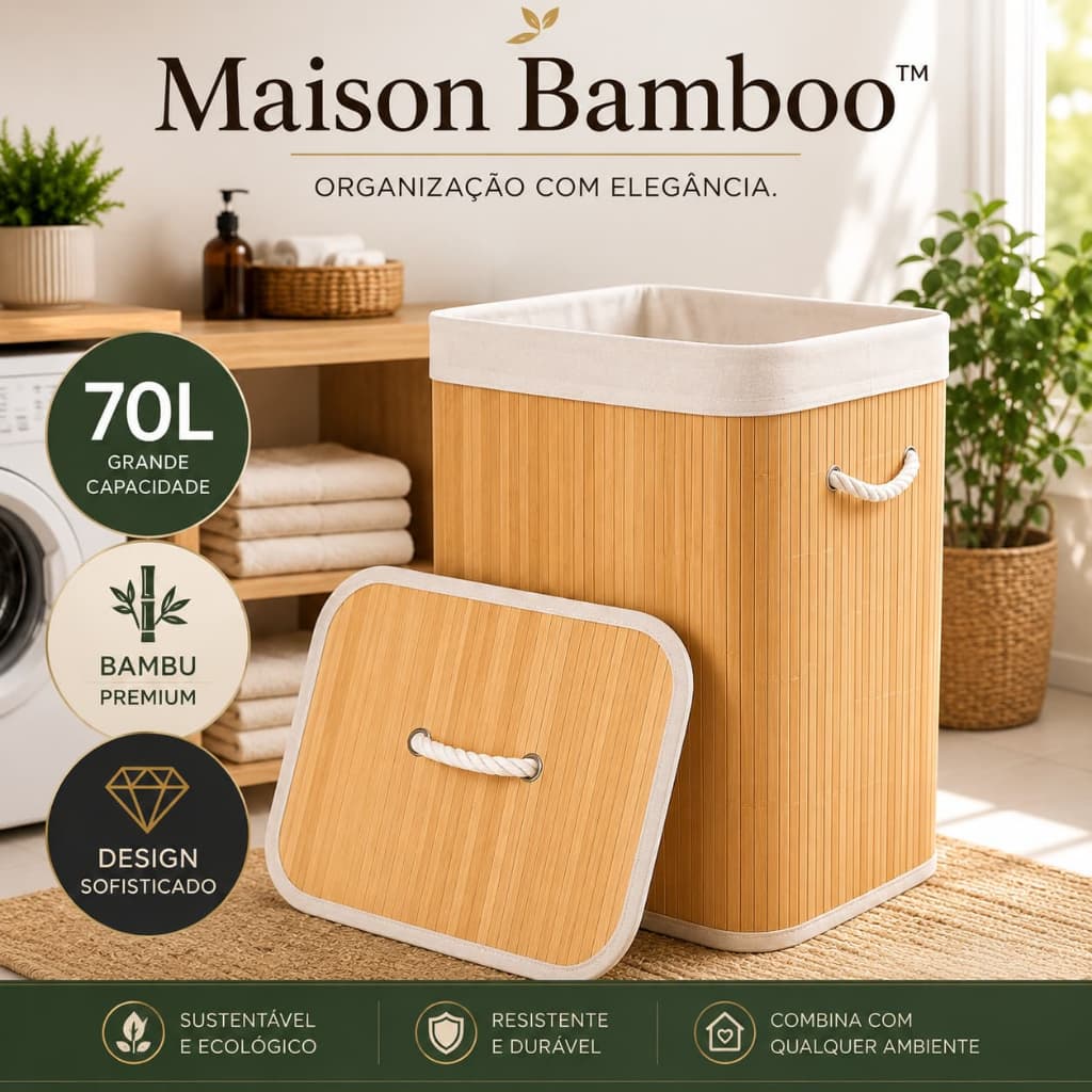 Cesto Organizador de Bambu 70L com Tampa e Alças | Cesto Roupa Suja Dobrável Lavanderia Maison Bamboo Luxe