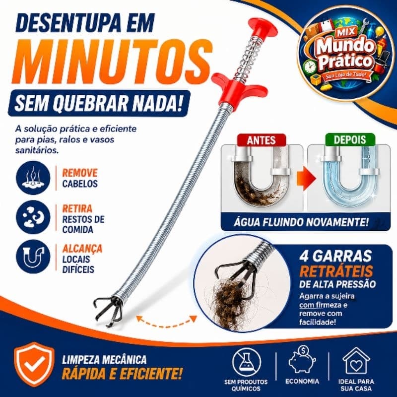 Garra Desentupidora Manual – Desentupidor Multifuncional para Pias e Ralos