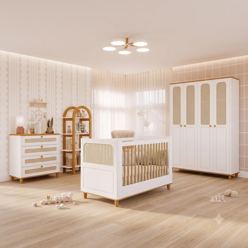 Quarto de Bebê 100% MDF Alfajor com Berço Telado 4 Portas Branco Nature Permobili Baby