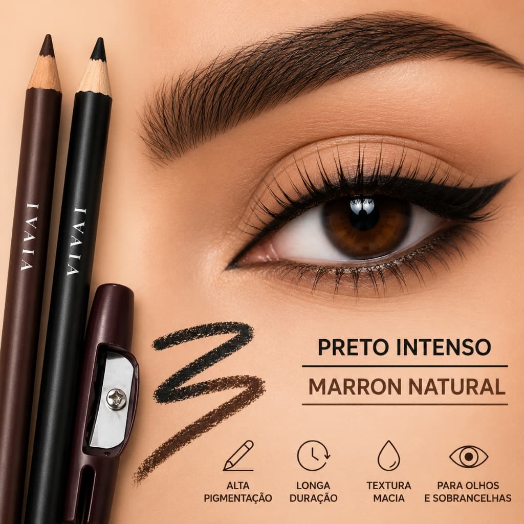 Lápis Para Sobrancelha e Olhos Vivai Preto Marrom Alta Pigmentação Longa Duração Com Apontador