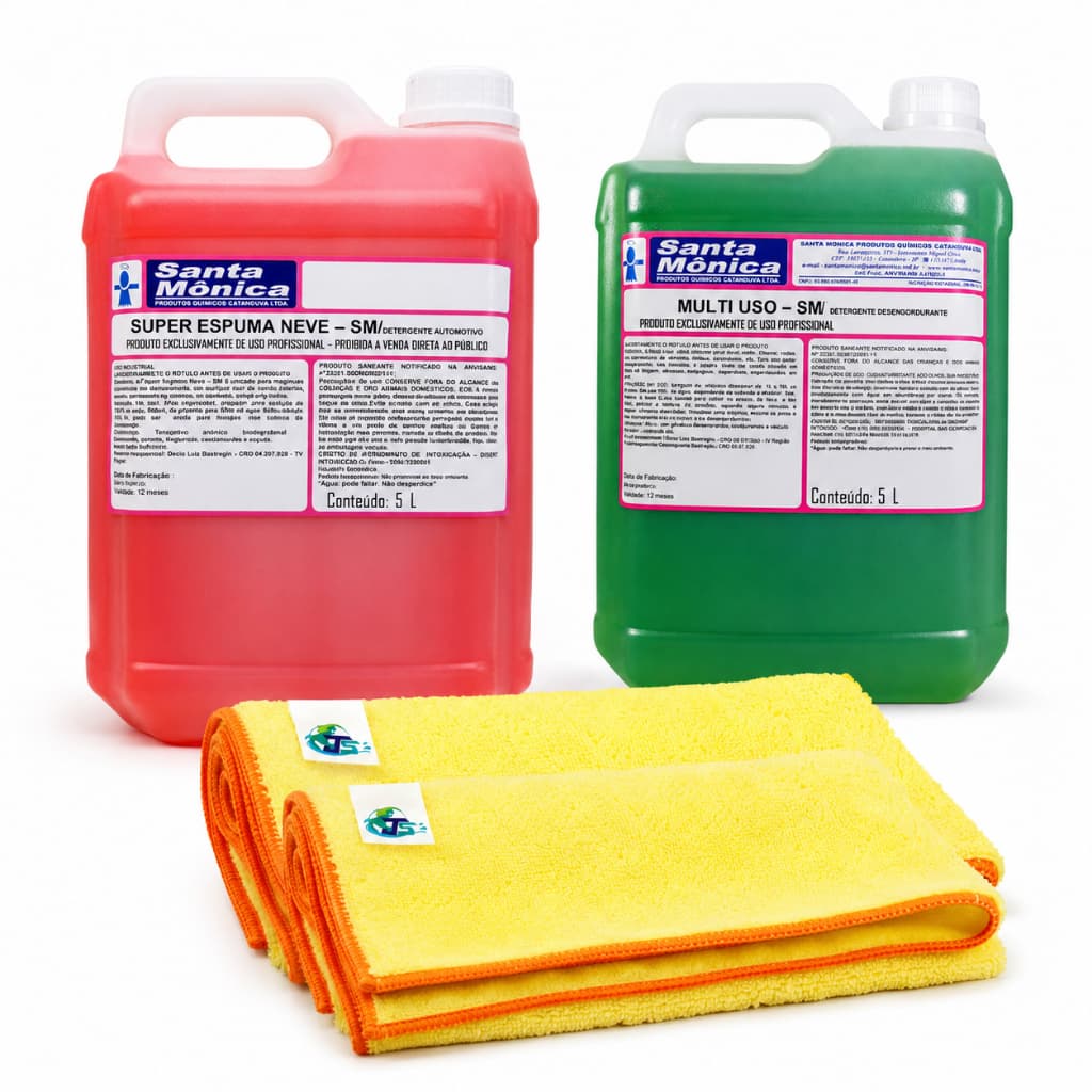 Kit Lava Auto Profissional Santa Mônica 5L + 2 Microfibras | Shampoo Super Espuma Neve + Multiuso