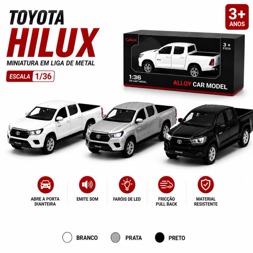 Miniatura Toyota Hilux 2021 1:36 Metal com Luz e Som Abre Portas Fricção Carro Coleção 12cm Com Caixa