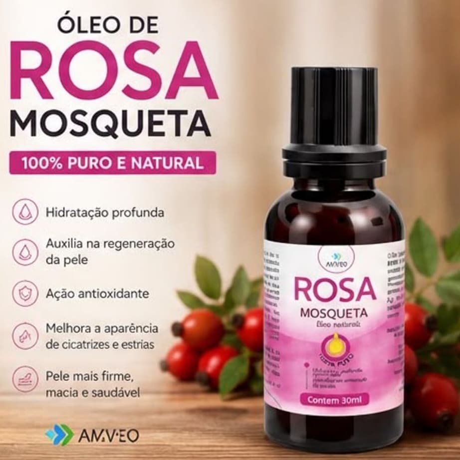Óleo Rosa Mosqueta 30ml 100% Puro Natural Clareador de Manchas Estrias Cicatrizes Pele Natural