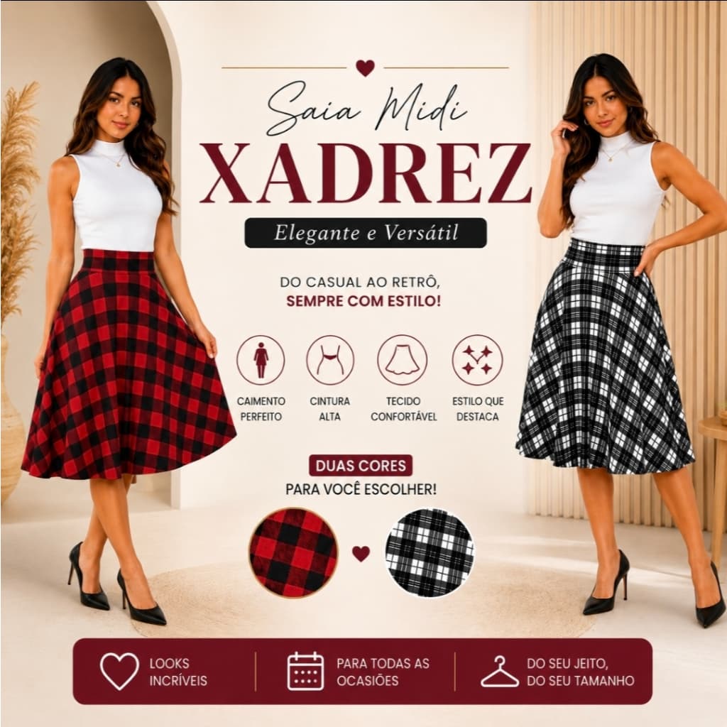 Kit 2 Saia Midi Junina Moda Feminina Quadriculada Soltinha Plus SIze