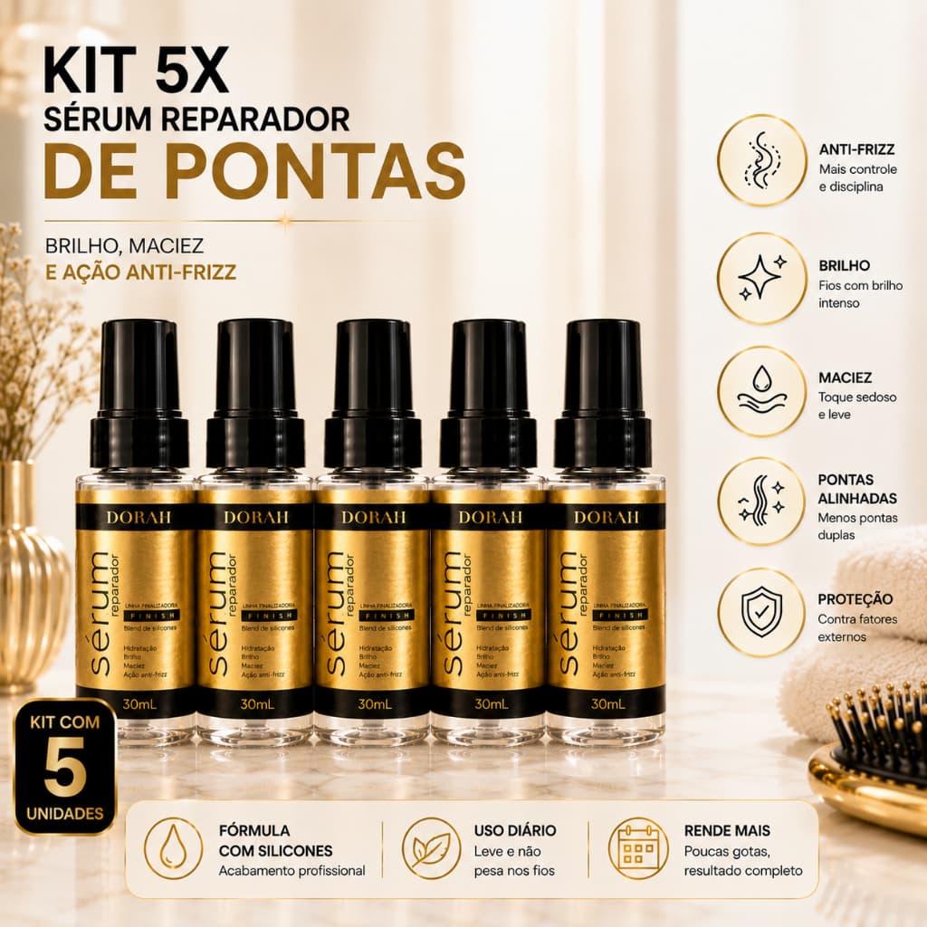 Kit 5x Sérum Reparador de Pontas 30ml Dorah Beauty Anti-Frizz Brilho Maciez