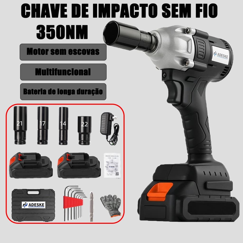Chave de Impacto Sem Fio ADESKE 350Nm Motor Brushless 2 Baterias Maleta Completa + Acessórios