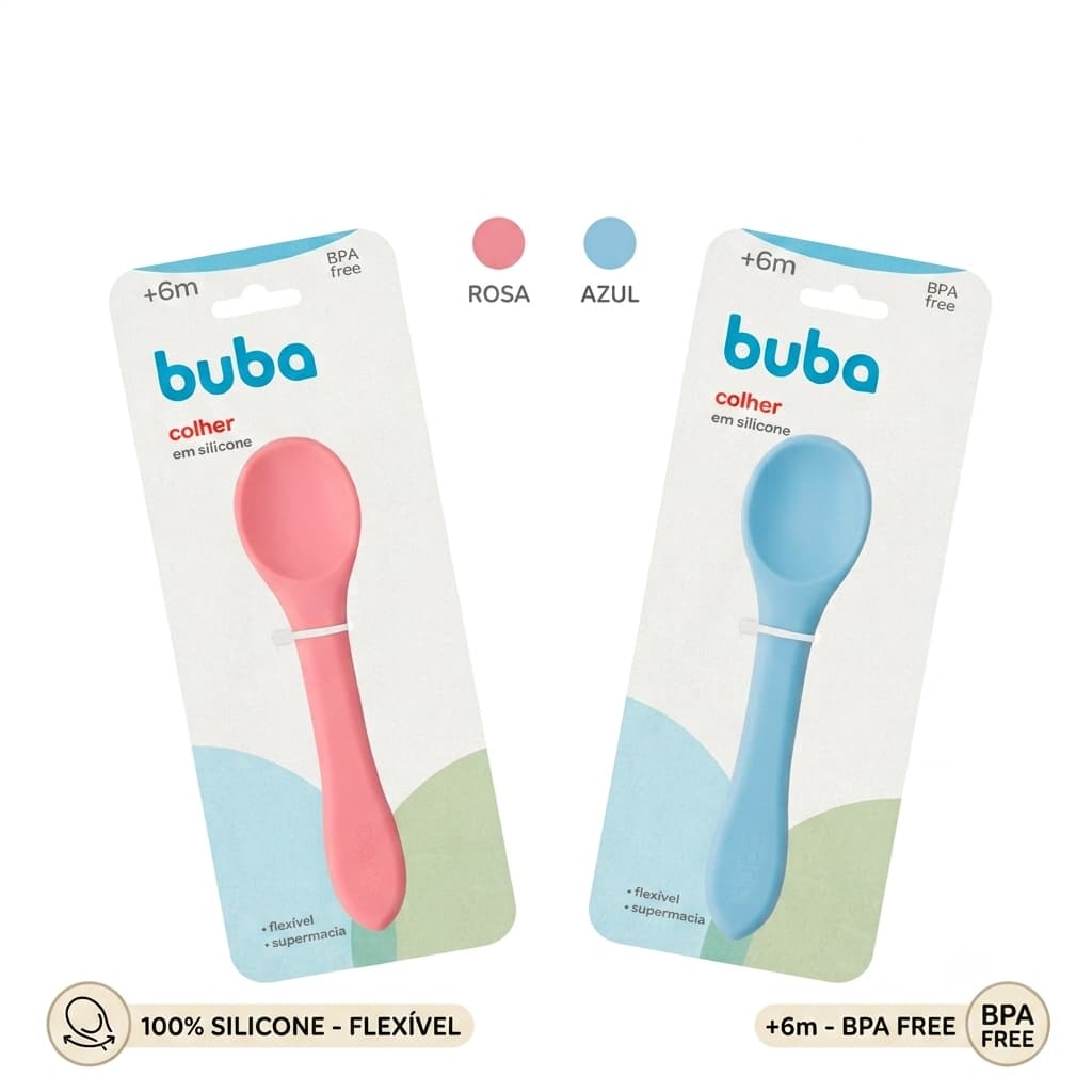 Colher Infantil Buba em Silicone Rosa ou Azul – Flexível, Livre de BPA | Introdução Alimentar