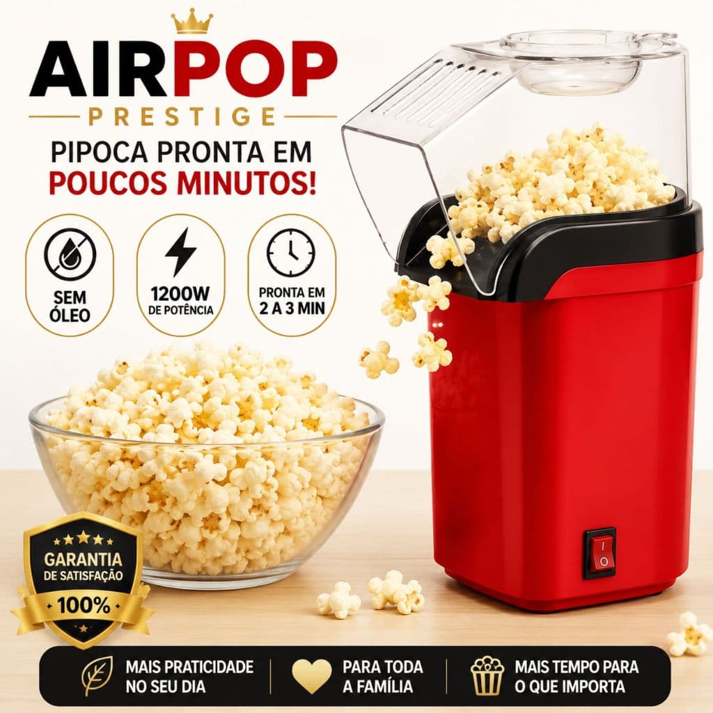 Mini Pipoqueira Elétrica Sem Óleo 1200W - Pipoca Pronta em 2 a 3 Minutos - 110V - AirPop Prestige™
