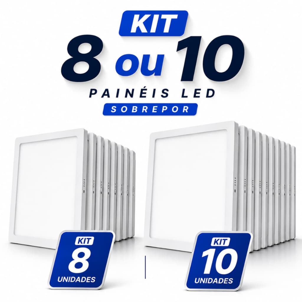 Kit 8 e 10 Plafon LED 18W Quadrado 22×22 Sobrepor Branco Frio 6500K Bivolt 127/220V