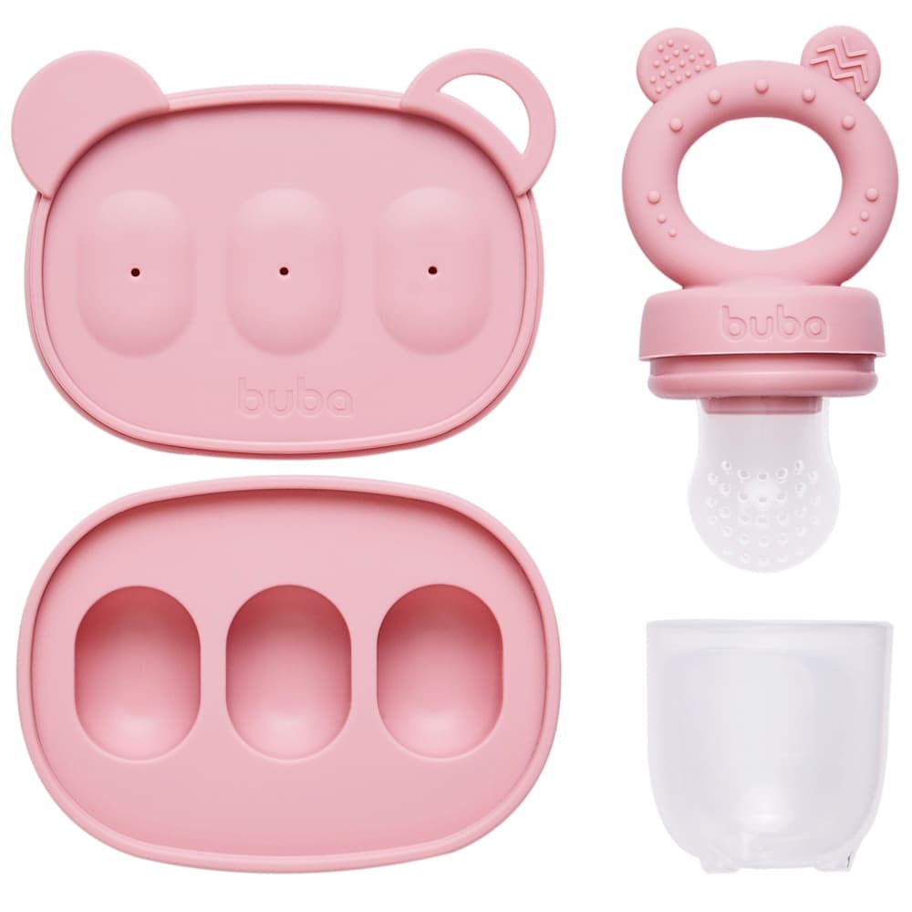 Kit Frutinha e Porta Frutinha Forminha Picolé Buba Chupeta em Silicone com Mordedor Ursinho