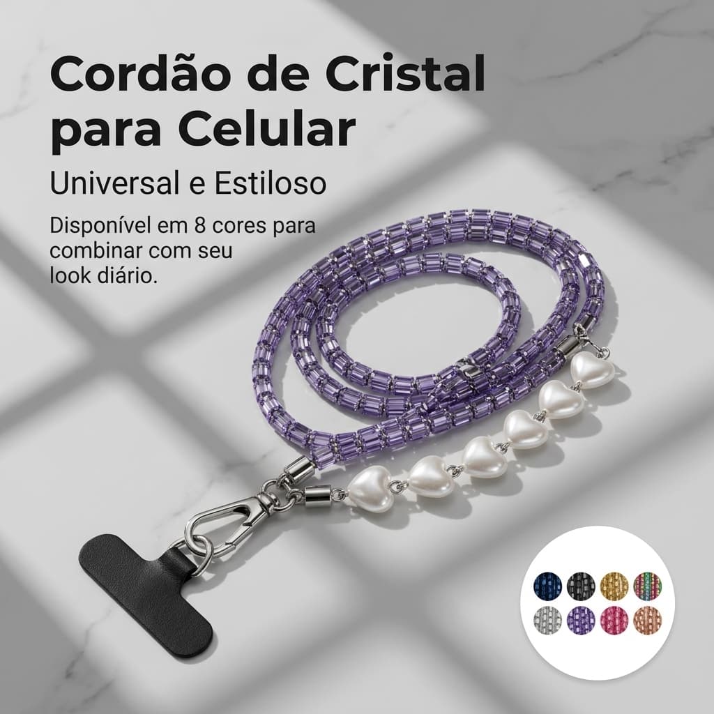 Cordão para Celular Universal Alça Longa Transversal Pérola Strass Cristal Antifurto