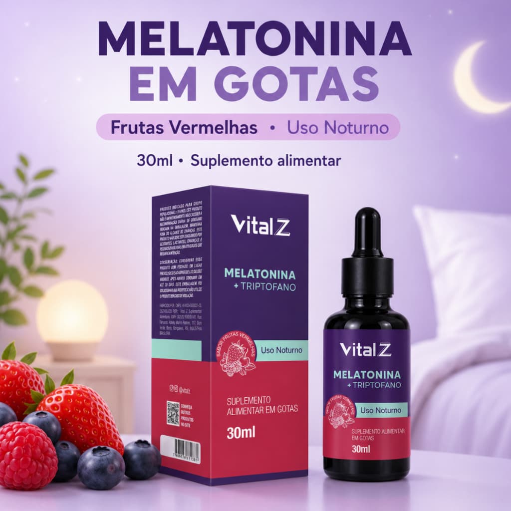 Melatonina Gotas Vital Z 30ml + Triptofano Sabor Frutas Vermelhas - 30 Doses - Sono Rápido