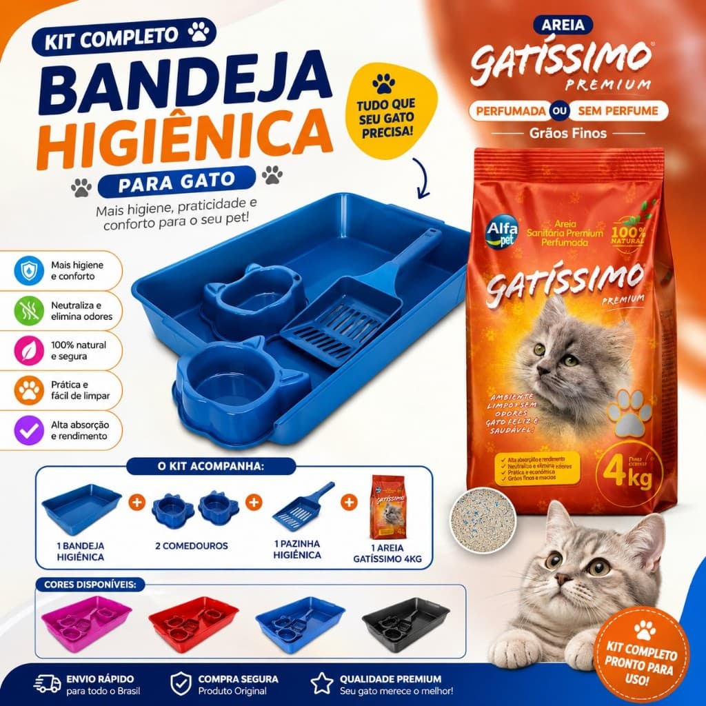caixa de areia para gato | bandeja para gato + areia higiênica 4kg Gatíssimo | Kit bandeja completo