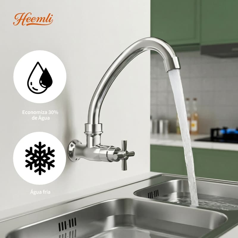 Heemli Torneira Cozinha Monocomando para Parede com Tubo Curvo - Água Fria, ABS, Cromado e Aerador Economizador