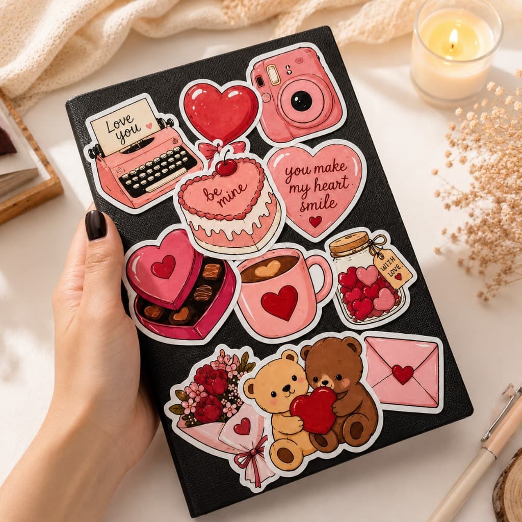 Cartela de Adesivos Românticos Grandes | Decoração para Caderno, Planner, Tablet, Notebook e Scrapbook